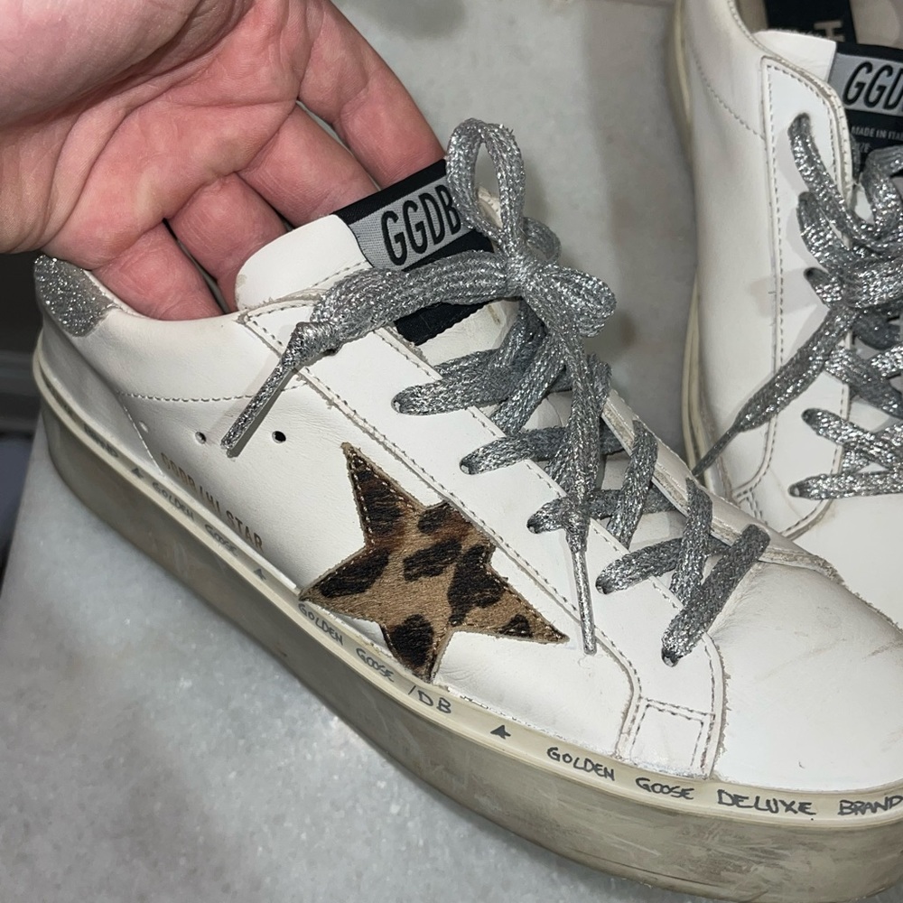 Golden Goose Hi Star Sneakers w/ Leopard Print Calf Hair Star and Glitter Heel - Picture 4 of 8